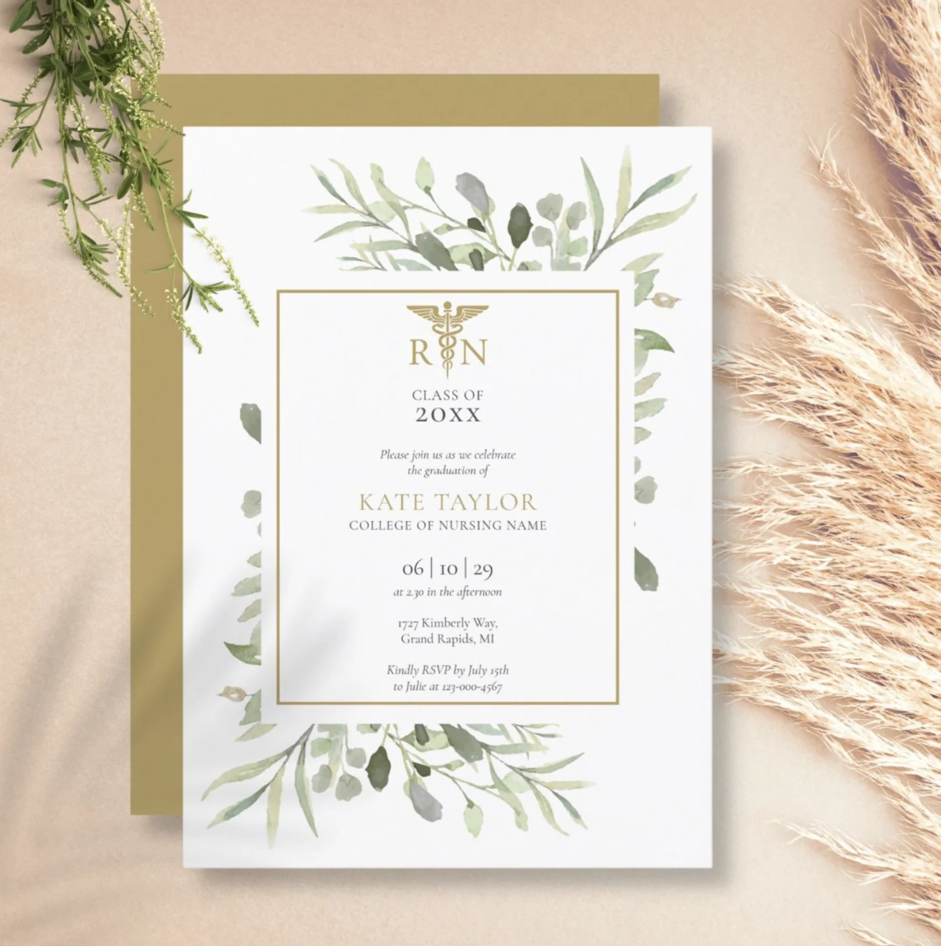Greenery Gold RN Nursing Graduation Party Invitation