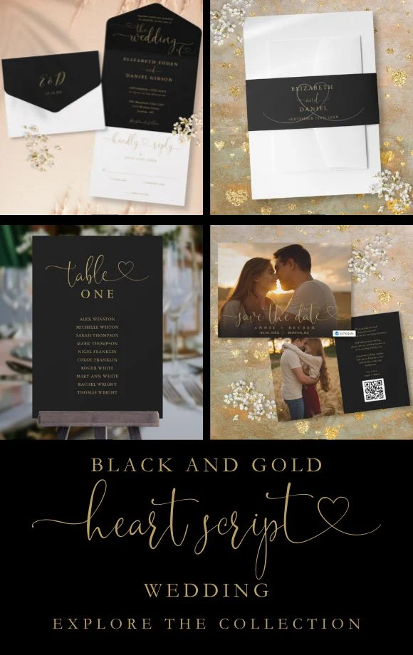 Elegant Black and Gold Script Hearts Wedding Suite Cover