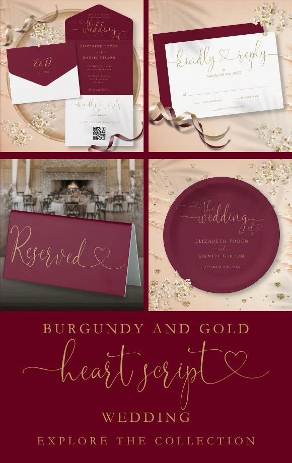 Burgundy and Gold Script Hearts Wedding Suite Cover