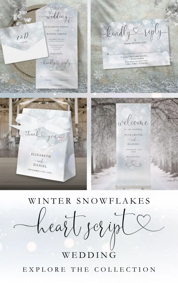 Winter Snowflakes Heart Script Wedding Suite Cover