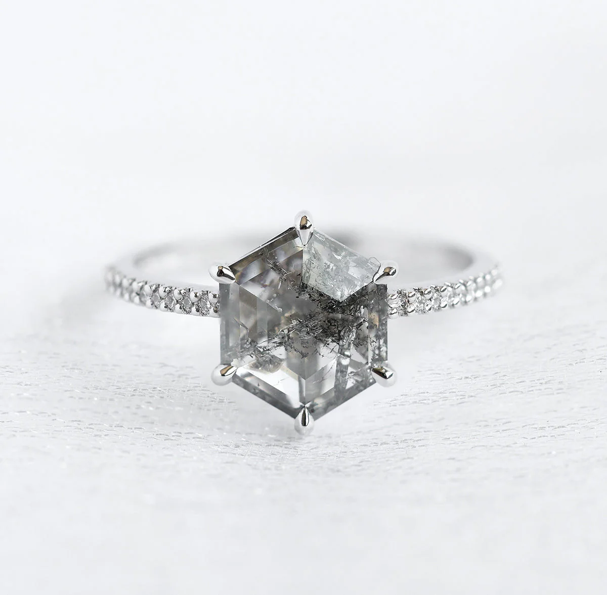 Capucinne Hexagon Salt And Pepper Diamond Ring With Pave Diamond Band