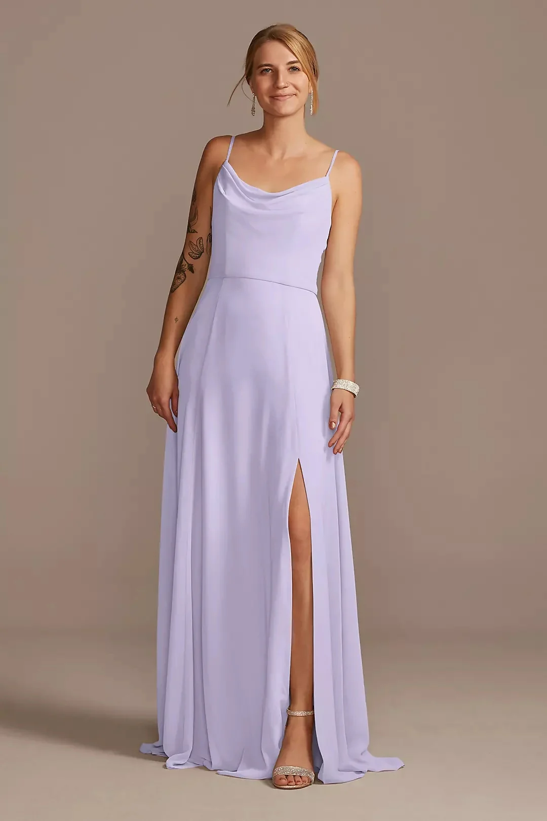 David's Bridal Cowl Neck Chiffon Dress with Slit