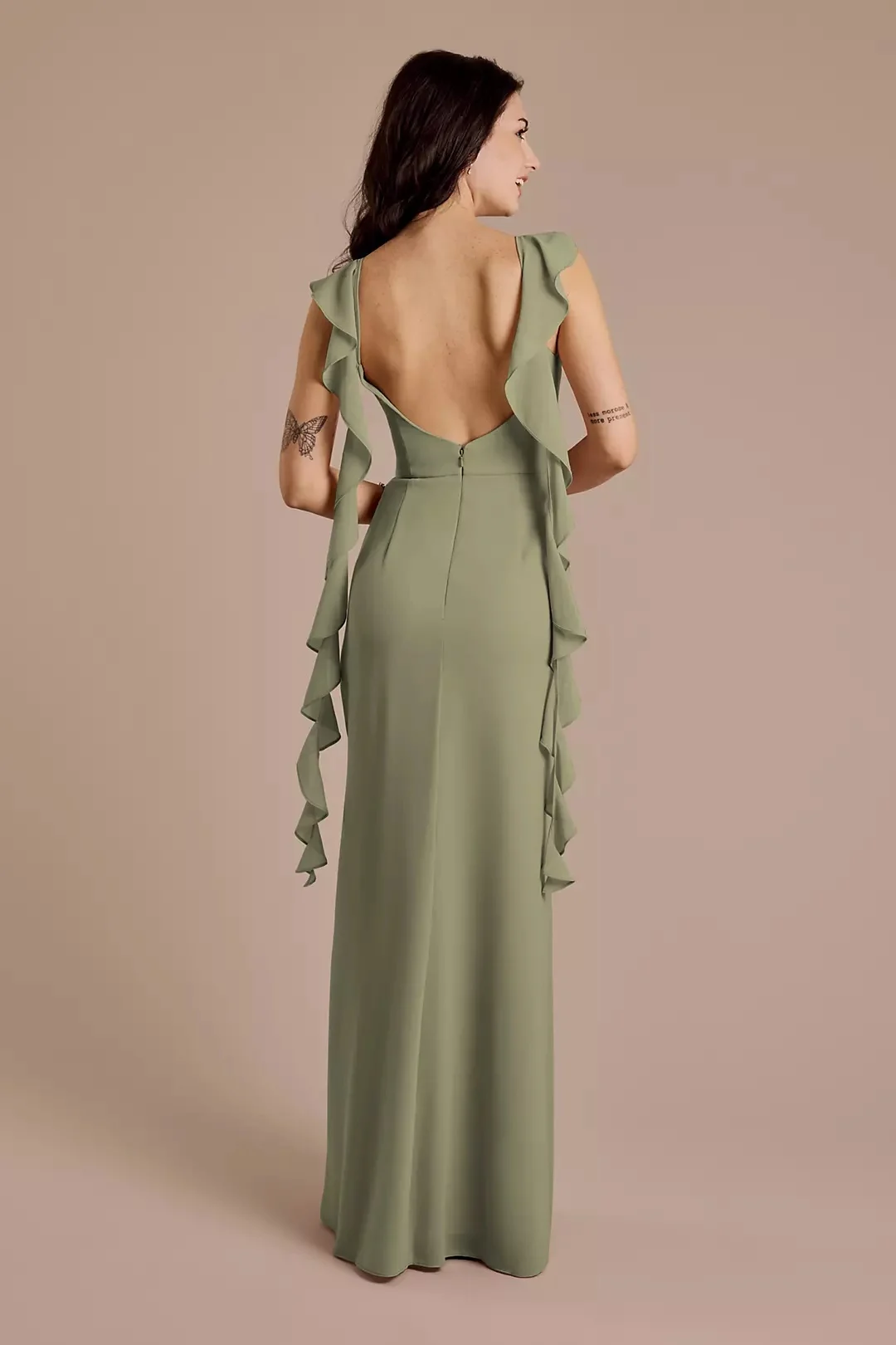 David's Bridal Ruffle Strap Scoop Neck Chiffon A-Line Dress Green