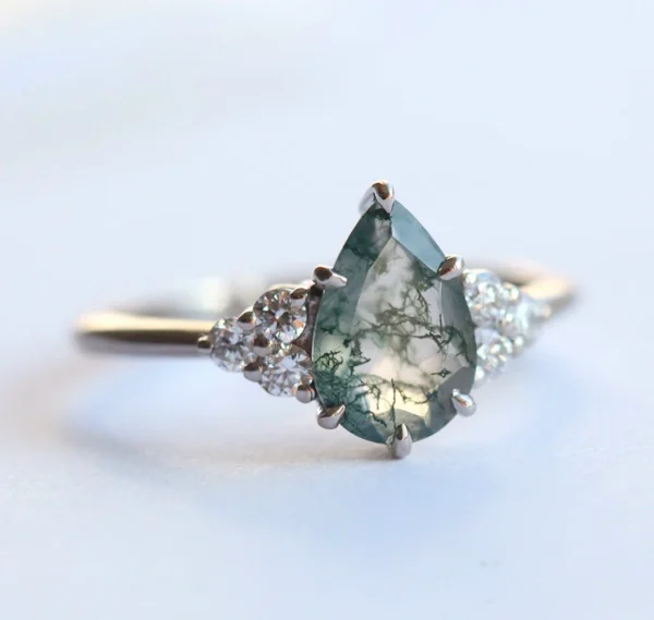 Capucinne Pear Moss Agate Engagement Ring