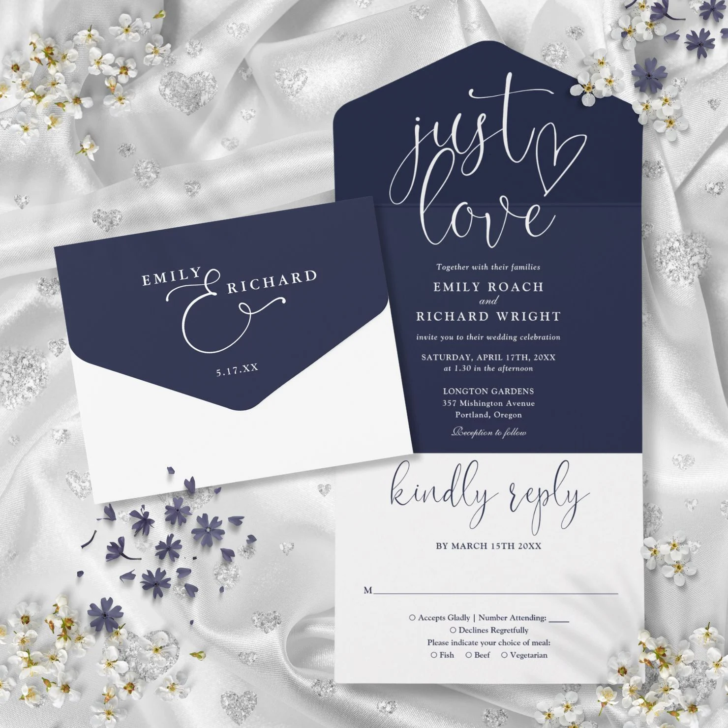 Just Love Elegant Script Navy Blue Wedding All In One Invitation