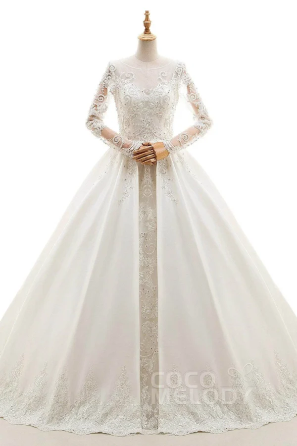 Cocomeloady A-Line Cathedral Train Tulle and Satin Wedding Dress