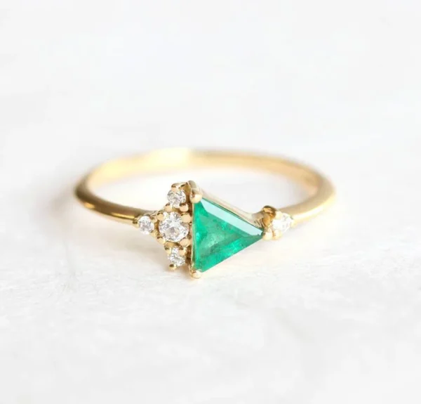 Capucinne Triangle Emerald Diamond Cluster Ring