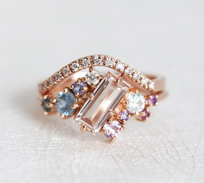 Capucinne Lila Morganite Cluster Ring Set Rose Gold