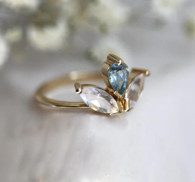 Capucinne Lyanna Floral Moonstone And Aquamarine Ring