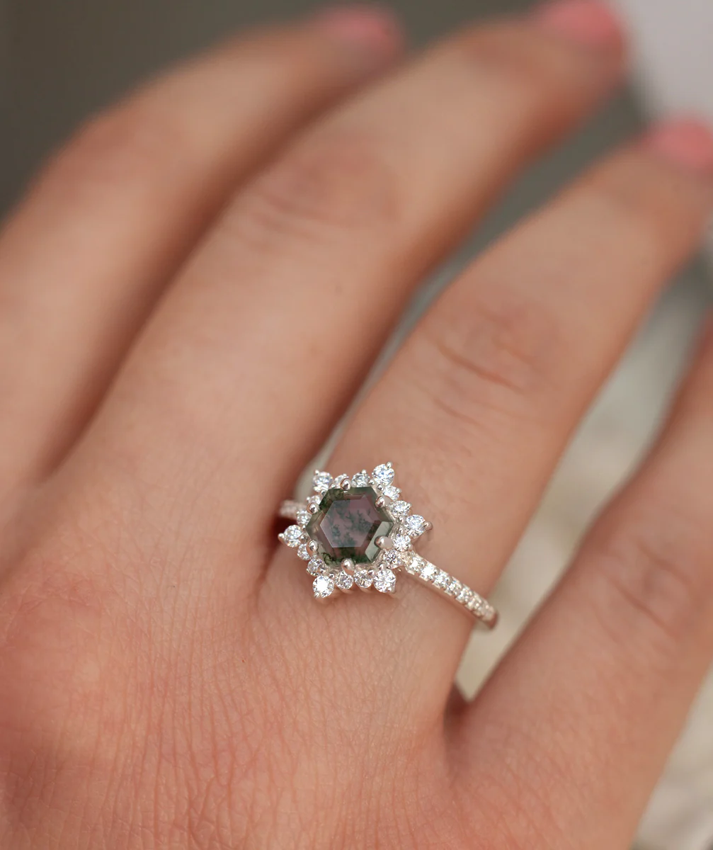 Capucinne Blue Moss Agate Ring with Moissanites