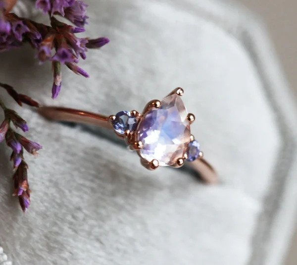 Capucinne Pear Moonstone Tanzanite Ring