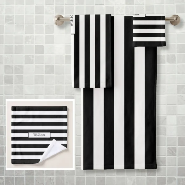 Modern Personalized Black and White Striped Bath Towel Set