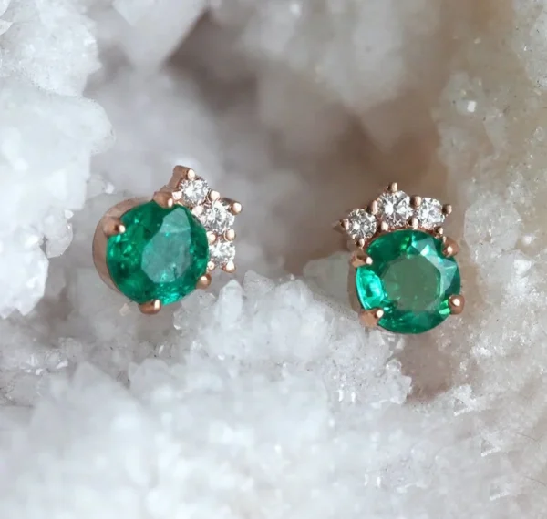 Capucinne Natural Emerald And Diamond Stud Earrings