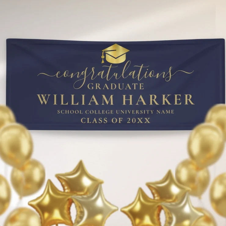 Navy Blue And Gold Elegant Script Graduation Banner