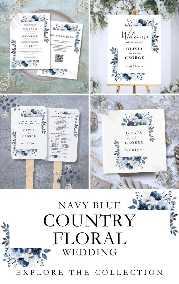 Navy Blue And White Modern Floral Wedding Suite