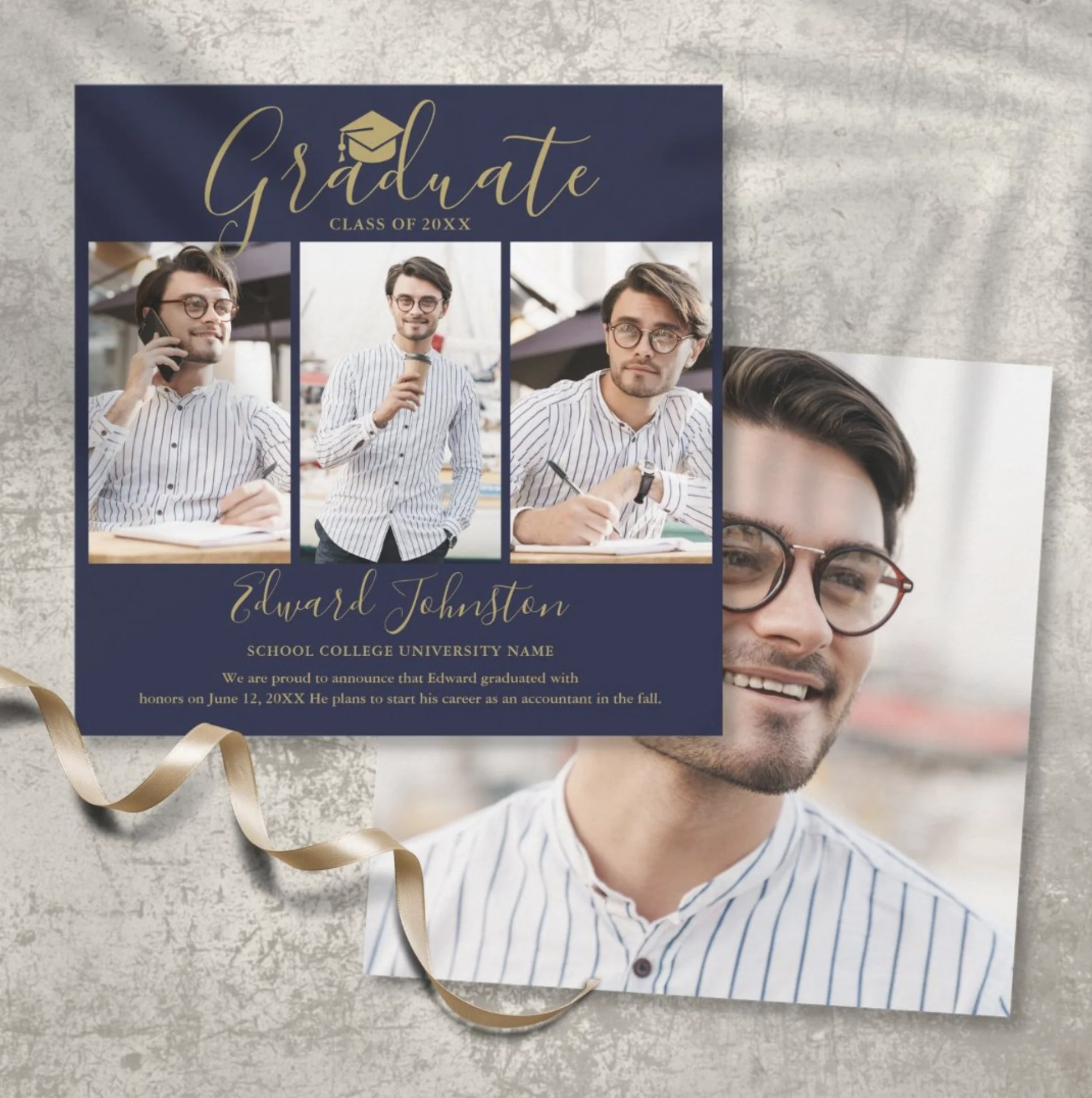 Navy Blue Gold Script Graduate 4 Photo Graduation Announcement