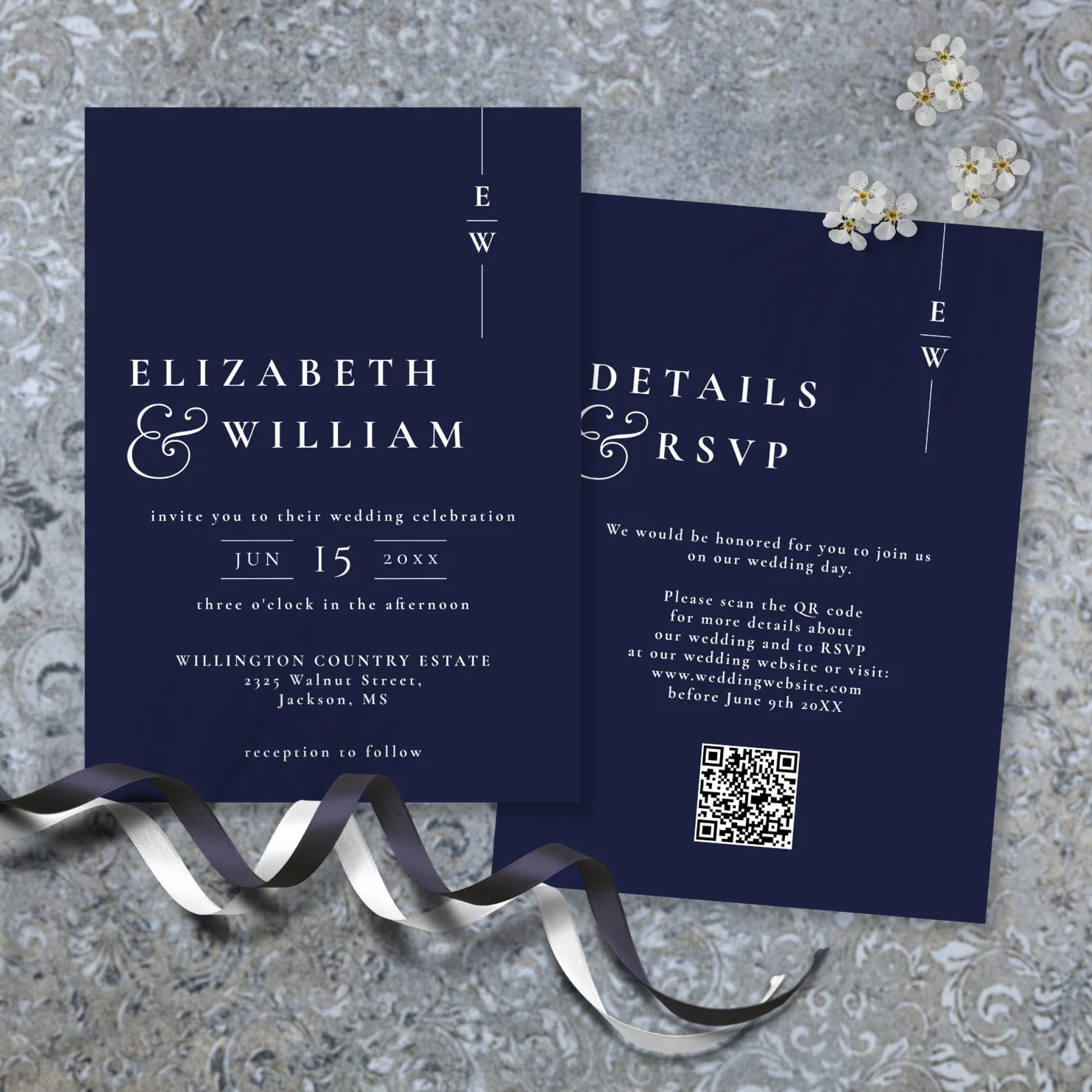 Navy Blue Modern Monogram Wedding QR Code Invitation