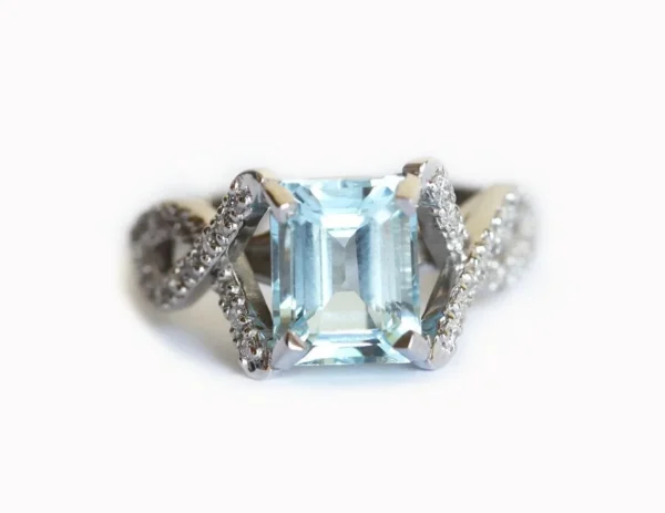 Capucinne Nera Aquamarine Engagement Ring With Pave Diamonds