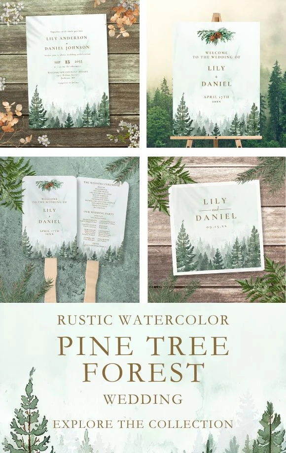 Watercolor Pine Tree Forest Wedding Suite