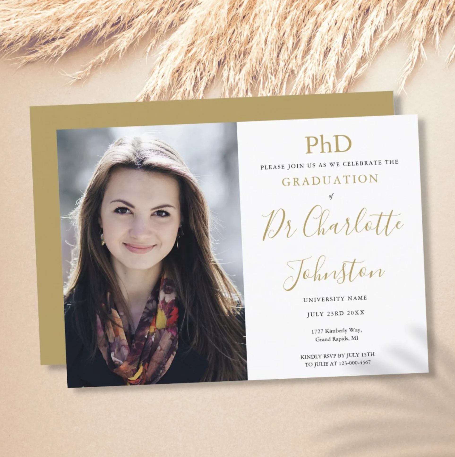 PhD Degree Gold Script Graduation Party Photo Invitation