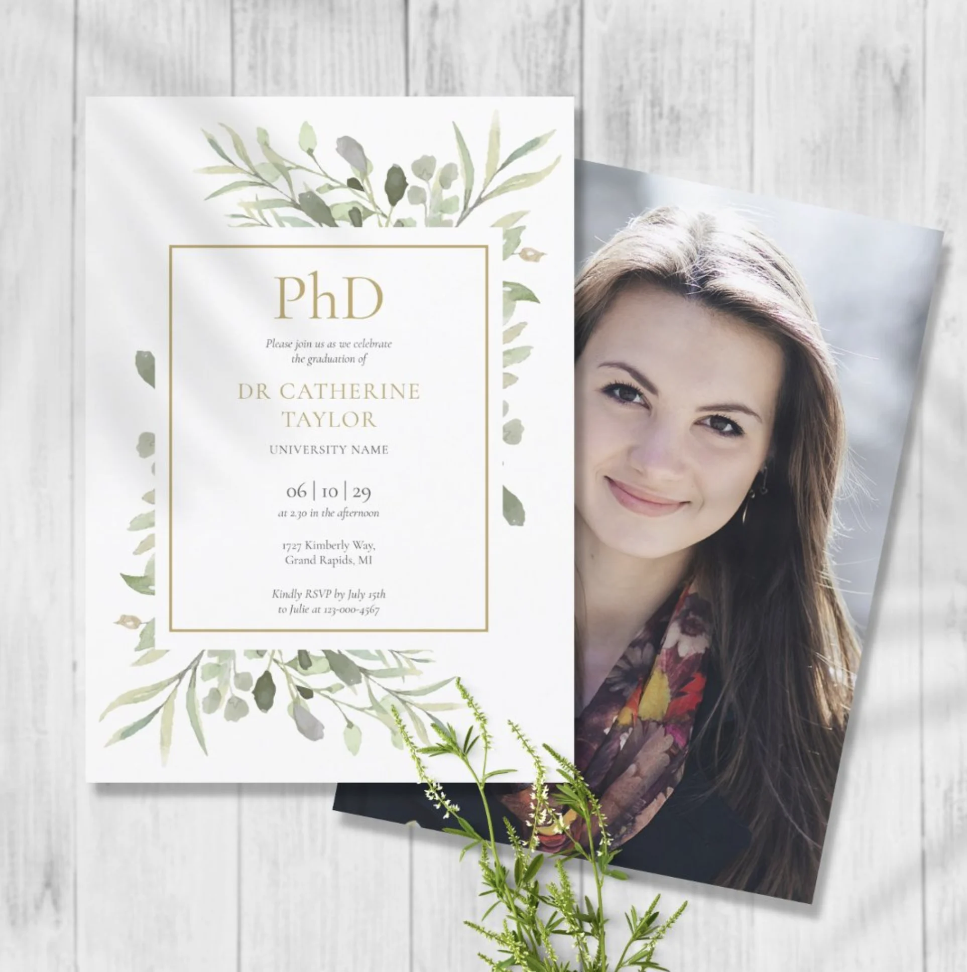 Phd Degree Watercolor Greenery Photo Graduation Invitation