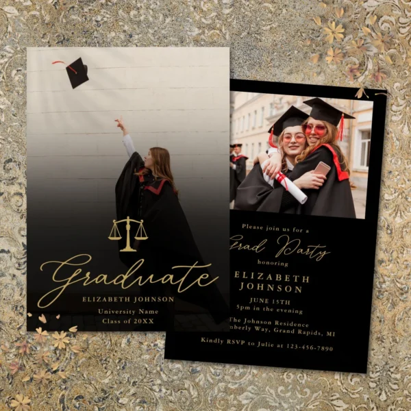 Photo Gold Script Law School Graduation Party Invitation