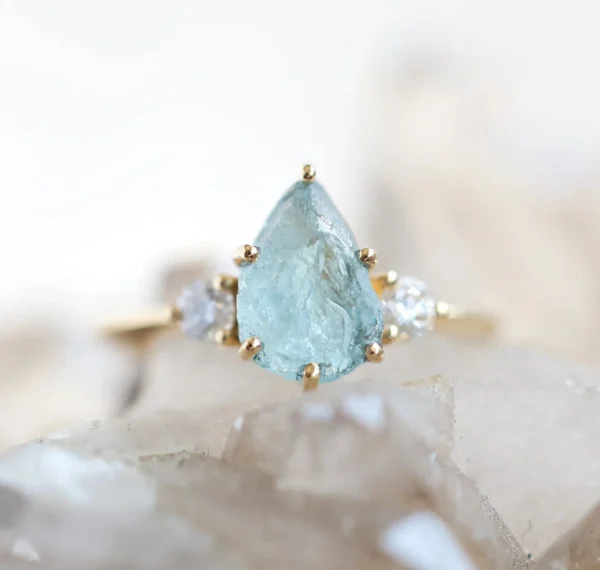 Capucinne Raw Pear Aquamarine Three Stone Ring