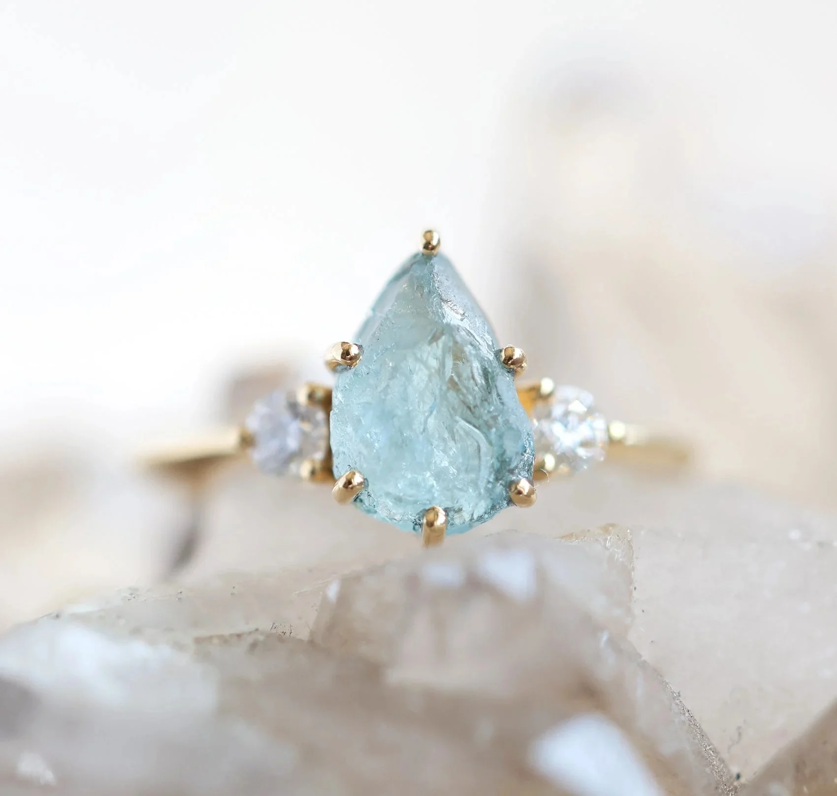 Capucinne Raw Pear Aquamarine Three Stone Ring