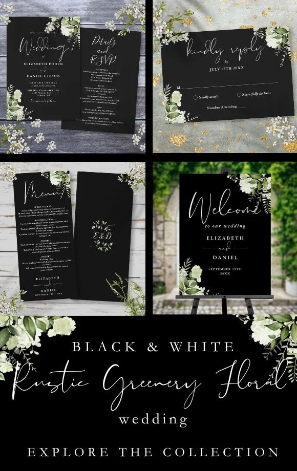 Black and white rustic greenery wedding collection