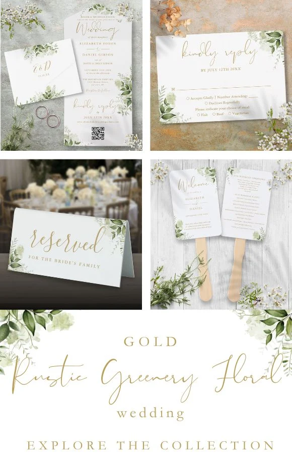 Elegant Rustic Greenery Gold Script Wedding Suite