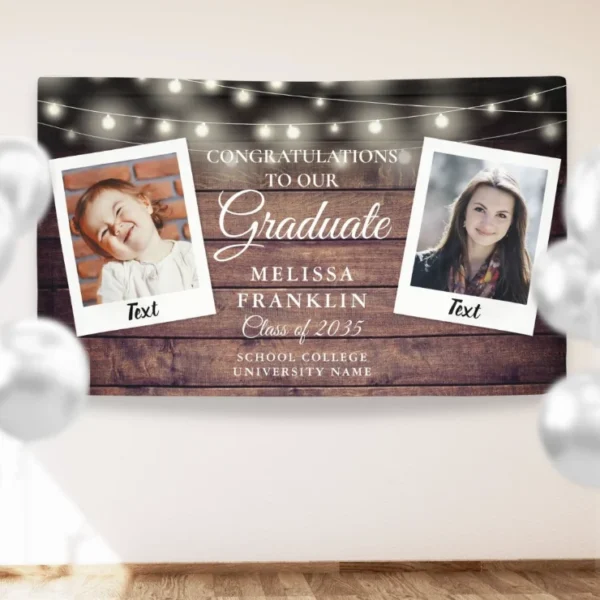 Rustic Wood String Lights 2 Photo Graduation Banner