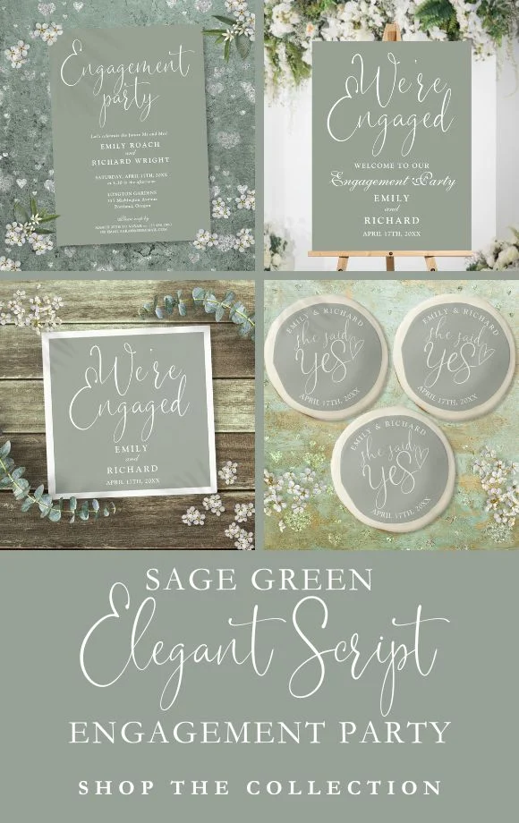 Sage Green Elegant Script Engagement Party Suite