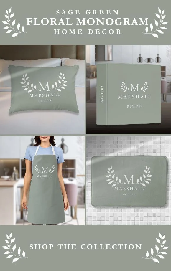 Sage Green Floral Monogrammed Home Decor Suite