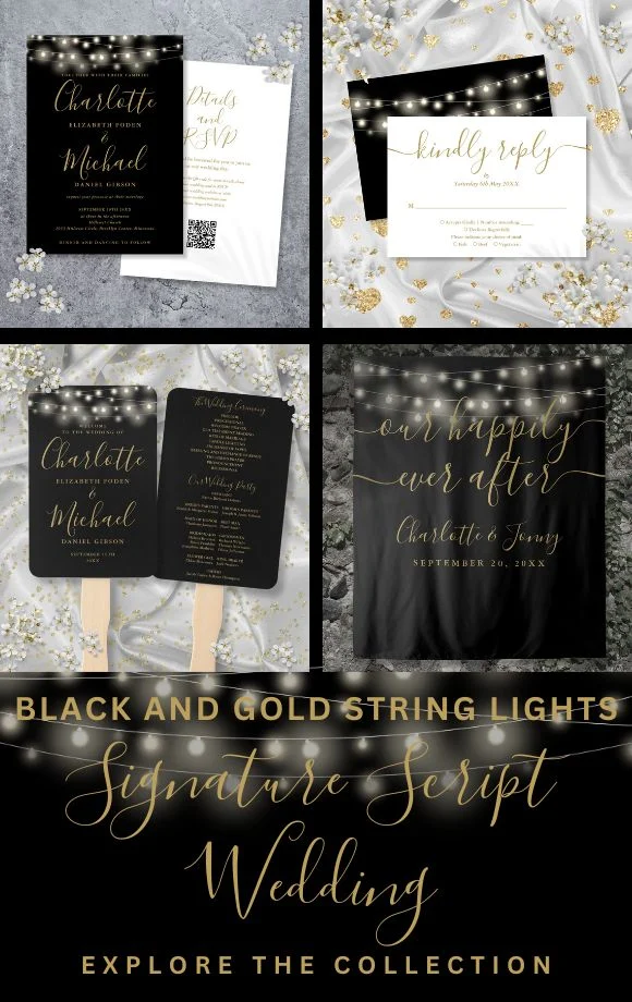 Black And Gold String Lights Script Wedding Suite