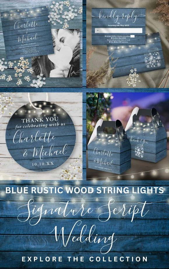 Blue Rustic Wood String Lights Script Wedding Suite Cover