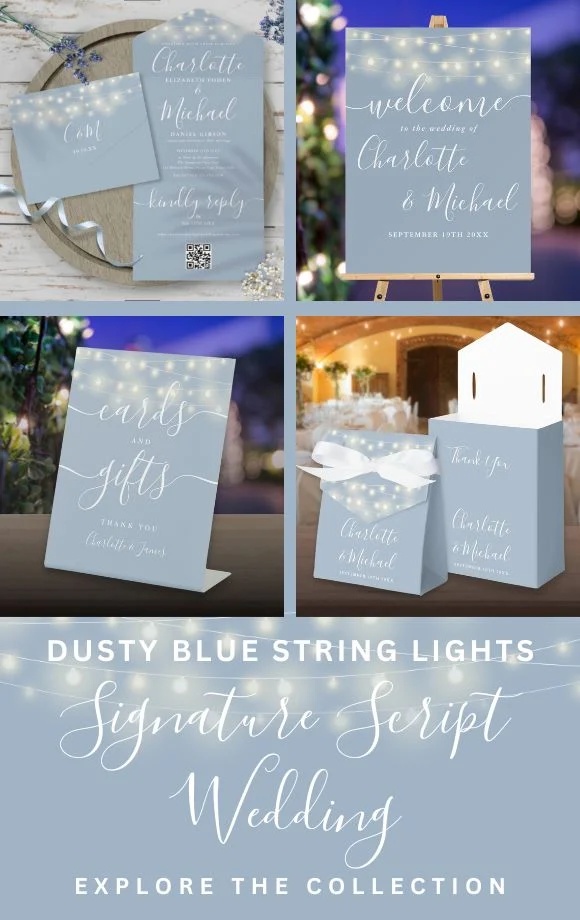 Dusty Blue String Lights Signature Script Wedding Suite