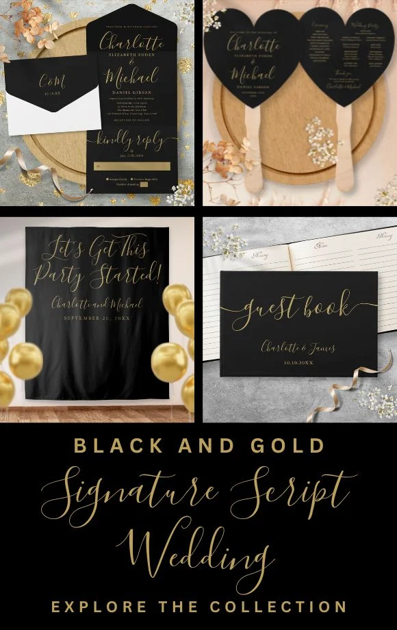 Black and Gold Signature Script Wedding Suite Cover