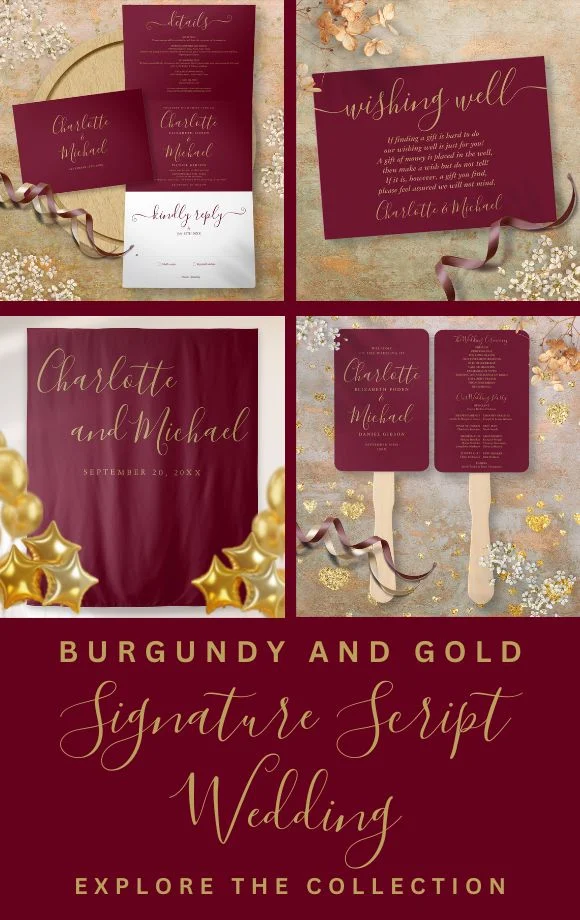 Modern Burgundy and Gold Signature Script Wedding Suite Cover
