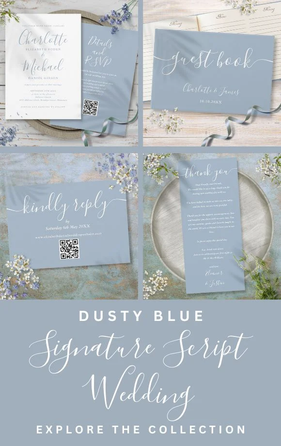 Dusty blue signature script wedding collection