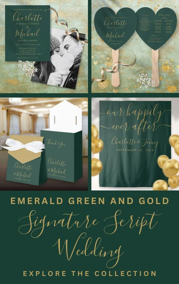Elegant Signature Script Emerald and Gold Wedding Cover