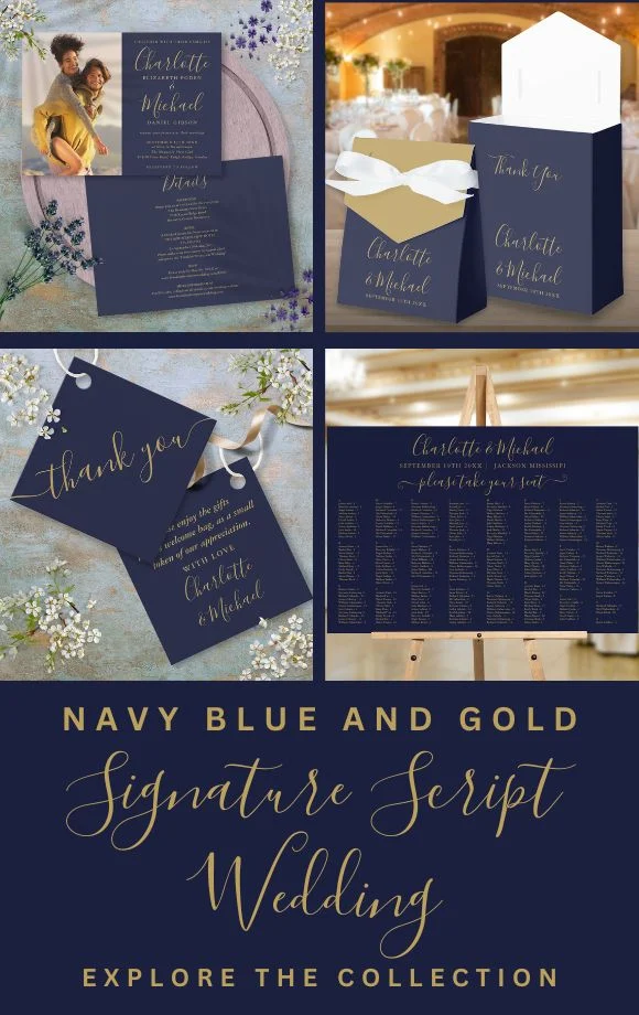Navy Blue And Gold Signature Script Wedding Suite