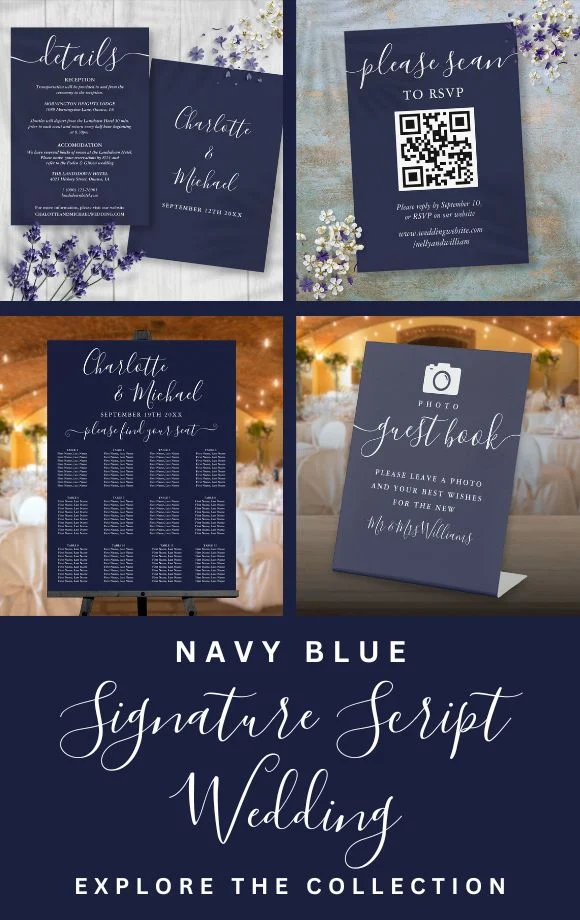 Simple Navy Blue Signature Script Wedding Suite Cover