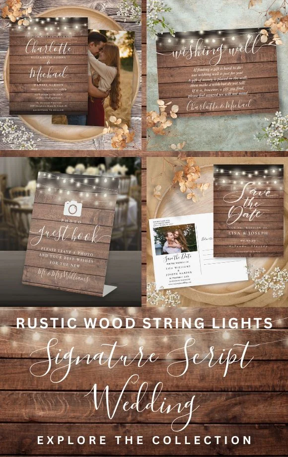 Signature script rustic wood string lights wedding collection