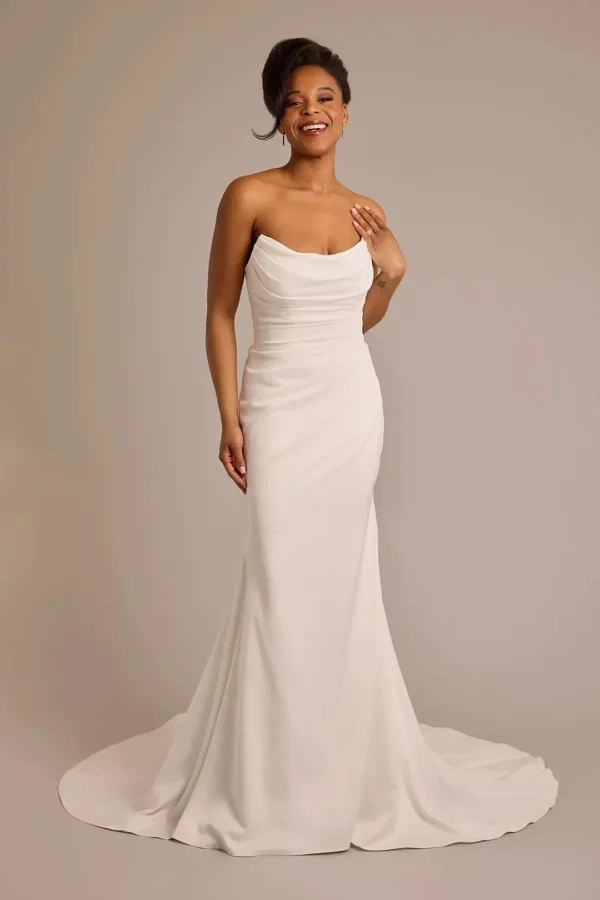 David's Bridal Strapless Draped Satin Mermaid Wedding Dress