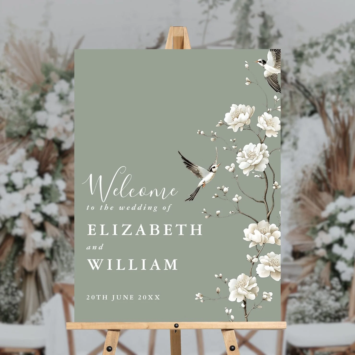 Sage Green Chinoiserie Floral Wedding Welcome Sign