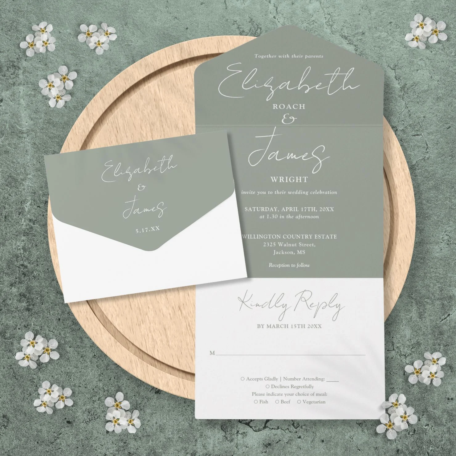 Sage Green Minimalist Elegant Script Wedding All In One Invitation