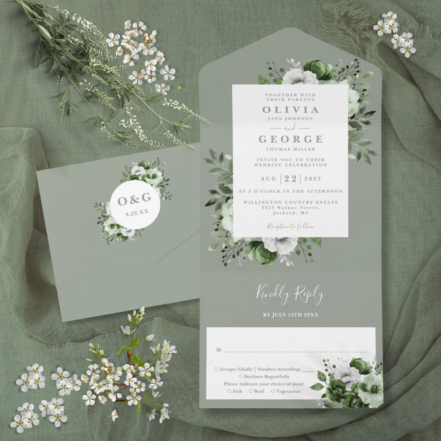 Sage Green Modern Botanical Floral Wedding All In One Invitation