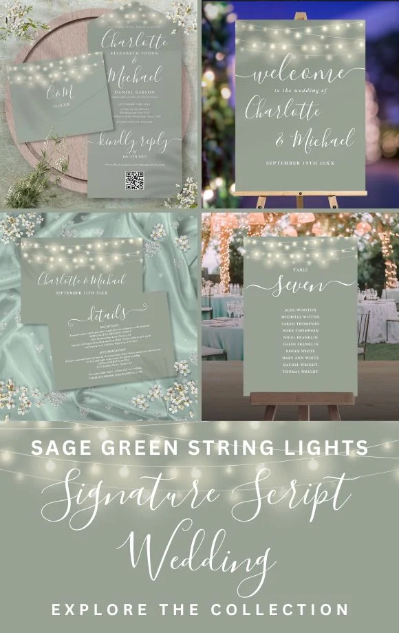 Sage Green String Lights Signature Script Wedding