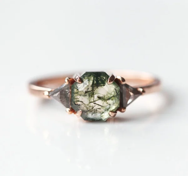 Capucinne Octagon Moss Agate & Salt Pepper Diamond Ring