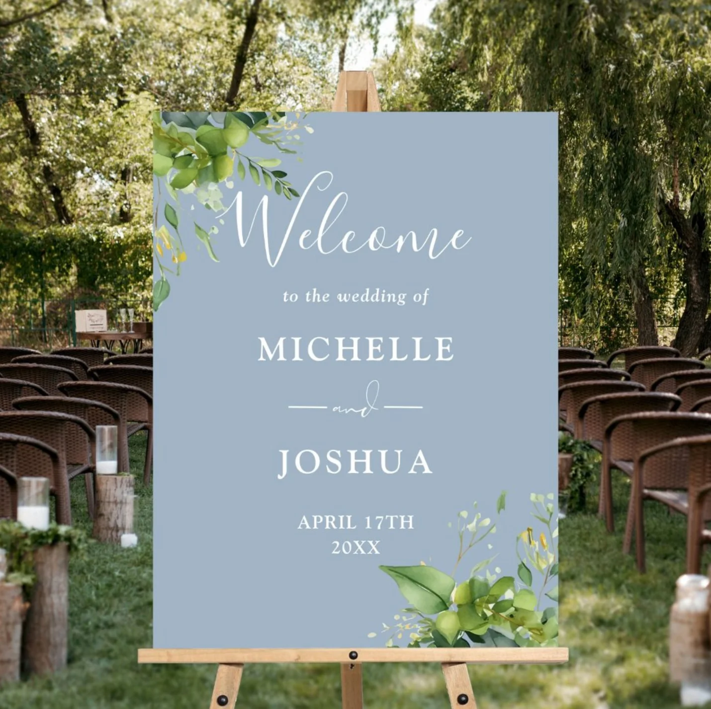 Dusty blue greenery wedding welcome sign